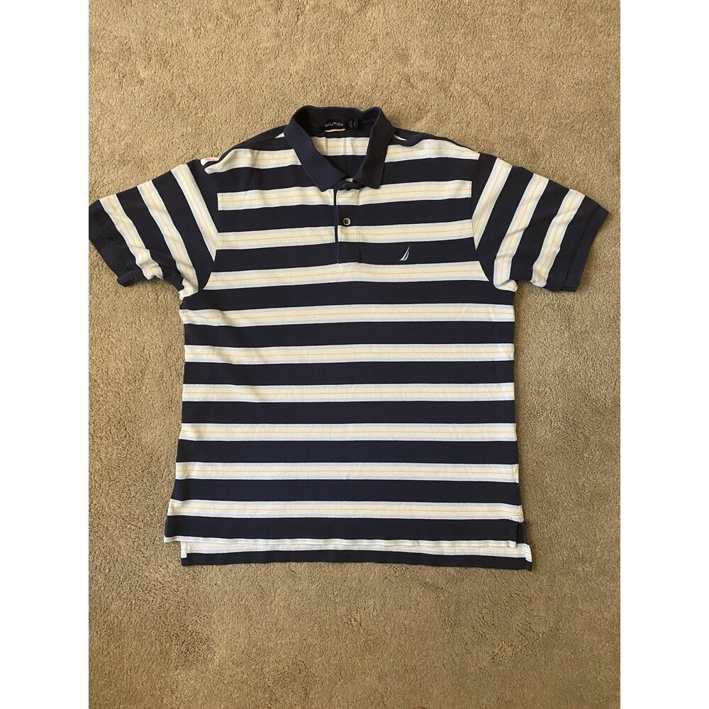Nautica Men's Striped Polo Shirt Classic Navy Blue White Yellow Y2k Prep Men L